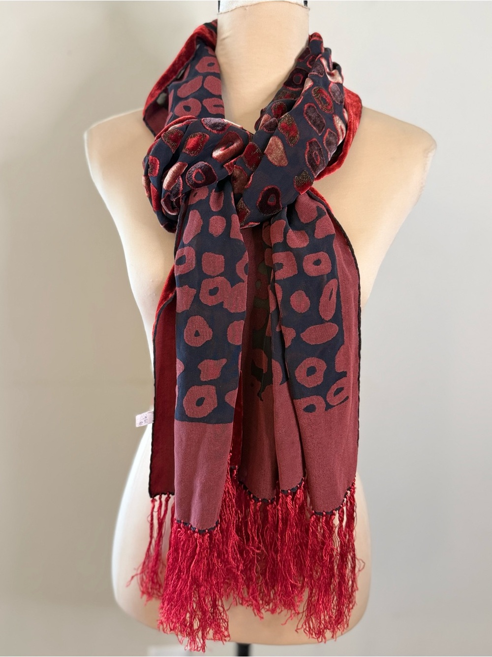 Red velvet wearable art semi sheer avante garde fringe scarf retro  boho eclecti